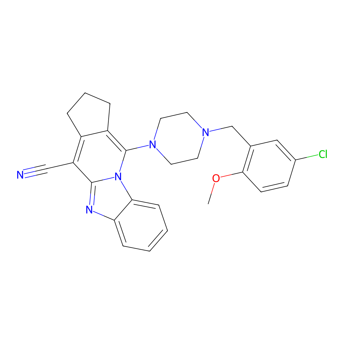 16-{4-[(5-Chloro-2-methoxyphenyl)methyl]piperazin-1-yl}-1,8-diazatetracyclo[7.7.0.0^{2,7}.0^{11,15}]hexadeca-2(7),3,5,8,10,15-hexaene-10-carbonitrile molecular structure, CAS 384352-72-1