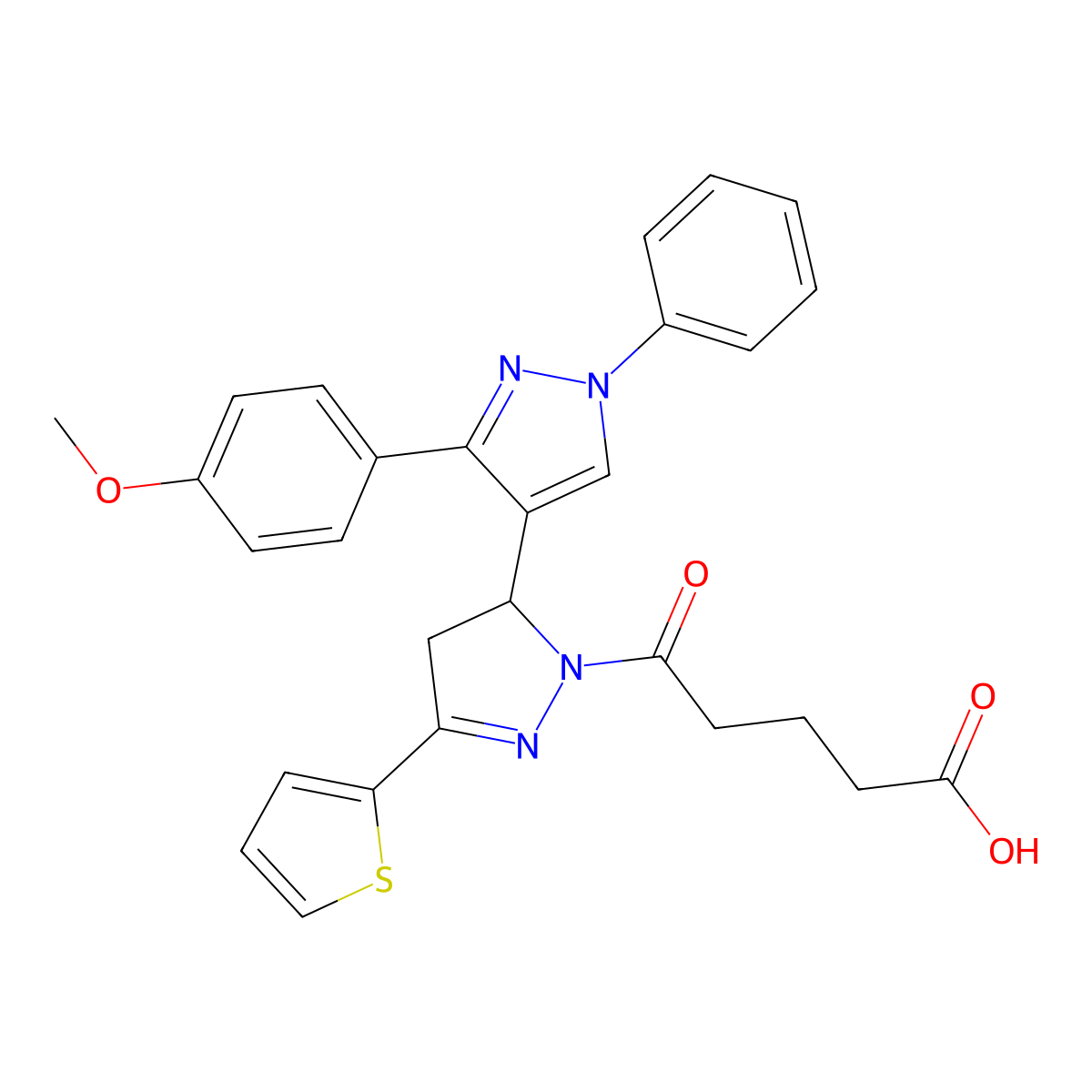 5-[3-[3-(4-Methoxyphenyl)-1-phenyl-4-pyrazolyl]-5-thiophen-2-yl-3,4-dihydropyrazol-2-yl]-5-oxopentanoic acid molecular structure, CAS 384355-59-3