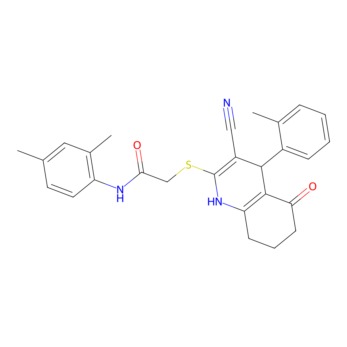 2-((3-cyano-5-oxo-4-(o-tolyl)-1,4,5,6,7,8-hexahydroquinolin-2-yl)thio)-N-(2,4-dimethylphenyl)acetamide molecular structure, CAS 384356-62-1