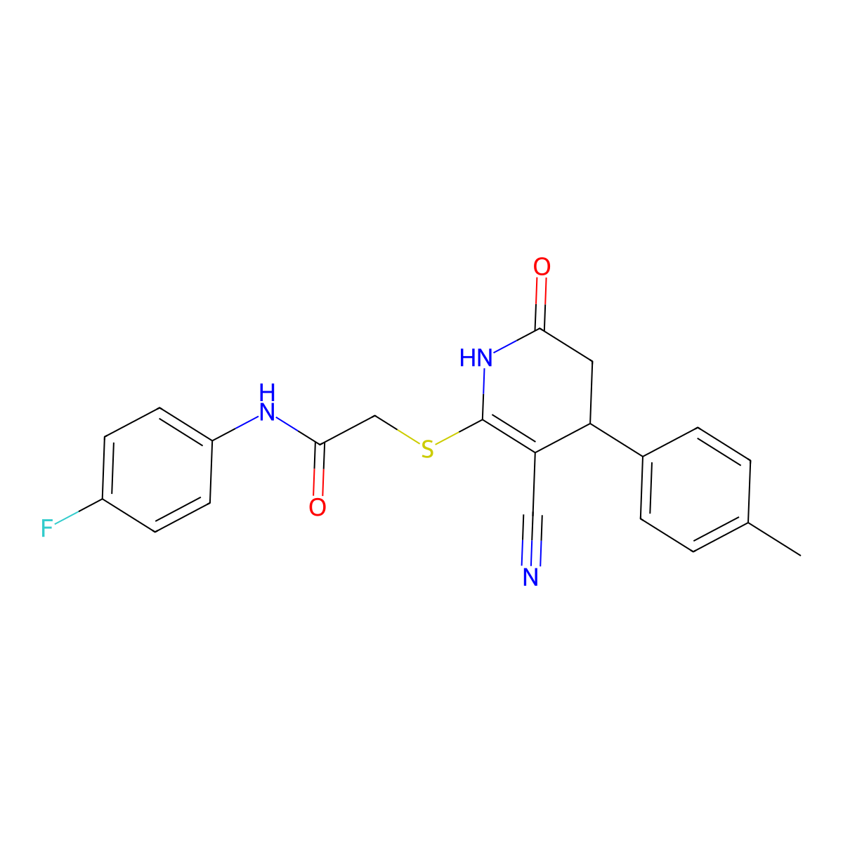 2-((3-cyano-6-oxo-4-(p-tolyl)-1,4,5,6-tetrahydropyridin-2-yl)thio)-N-(4-fluorophenyl)acetamide molecular structure, CAS 384357-05-5