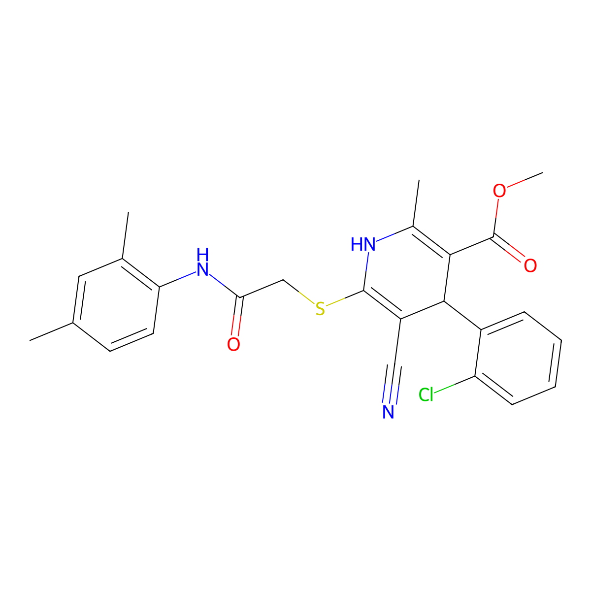 Methyl 4-(2-chlorophenyl)-5-cyano-6-((2-((2,4-dimethylphenyl)amino)-2-oxoethyl)thio)-2-methyl-1,4-dihydropyridine-3-carboxylate molecular structure, CAS 384357-37-3