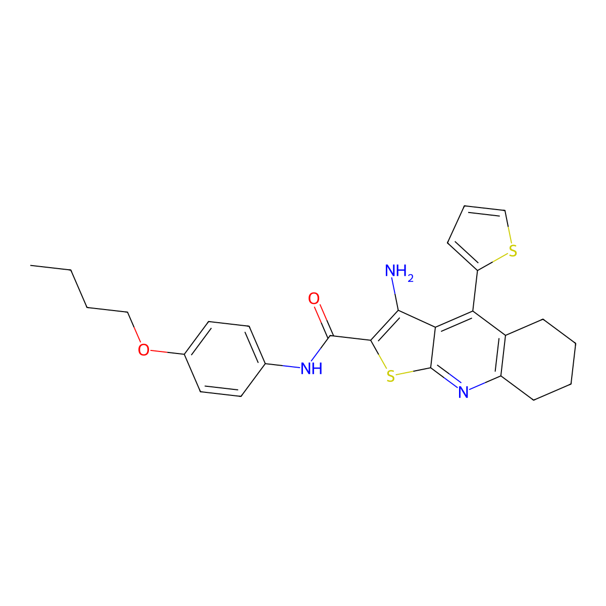 3-amino-N-(4-butoxyphenyl)-4-(thiophen-2-yl)-5,6,7,8-tetrahydrothieno[2,3-b]quinoline-2-carboxamide molecular structure, CAS 384357-44-2