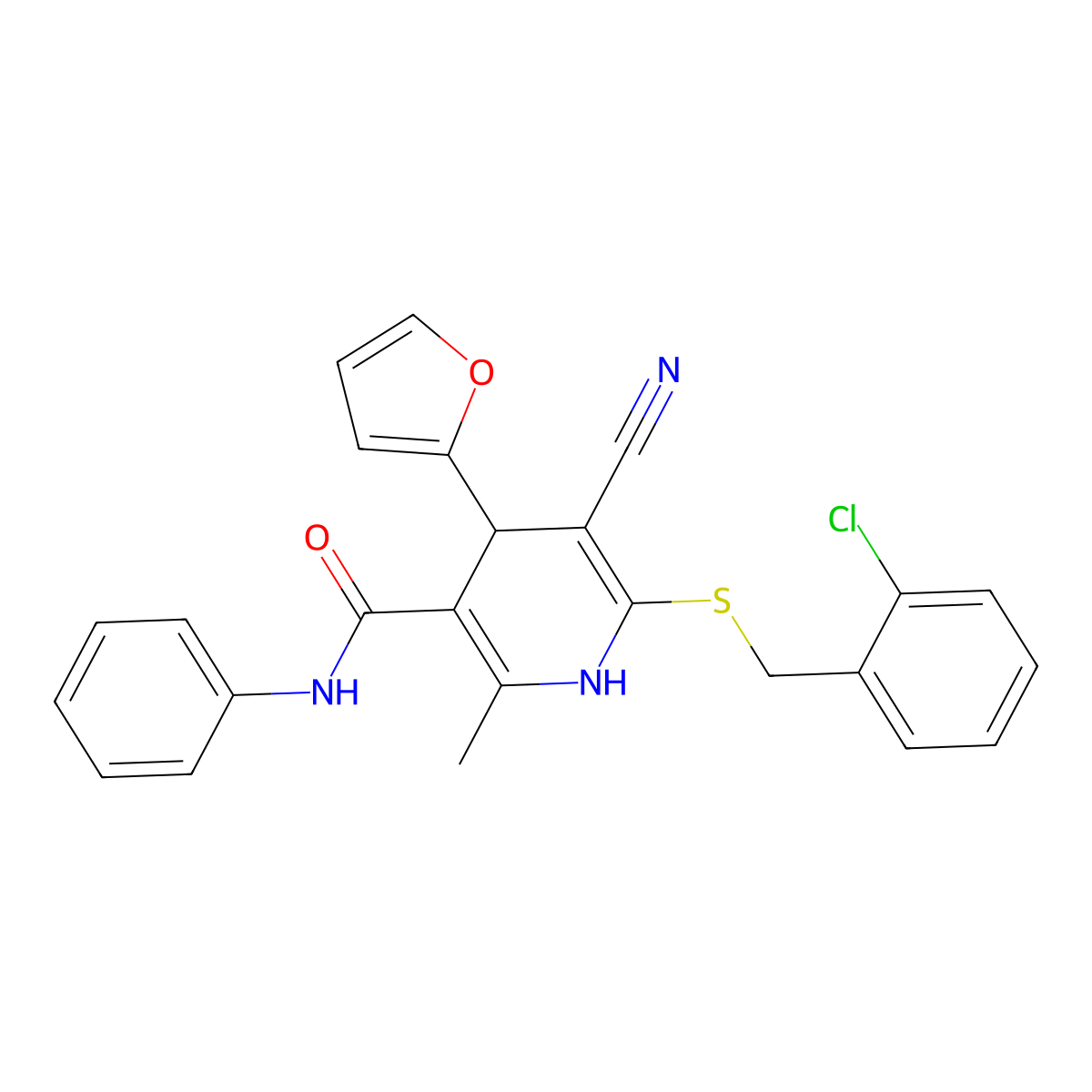 6-((2-chlorobenzyl)thio)-5-cyano-4-(furan-2-yl)-2-methyl-N-phenyl-1,4-dihydropyridine-3-carboxamide molecular structure, CAS 384357-92-0