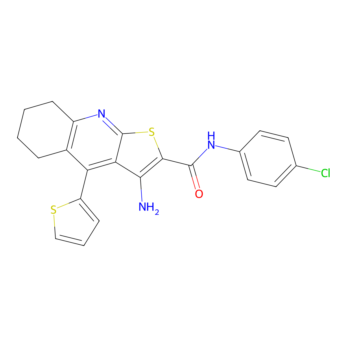 3-amino-N-(4-chlorophenyl)-4-(thiophen-2-yl)-5,6,7,8-tetrahydrothieno[2,3-b]quinoline-2-carboxamide molecular structure, CAS 384358-55-8