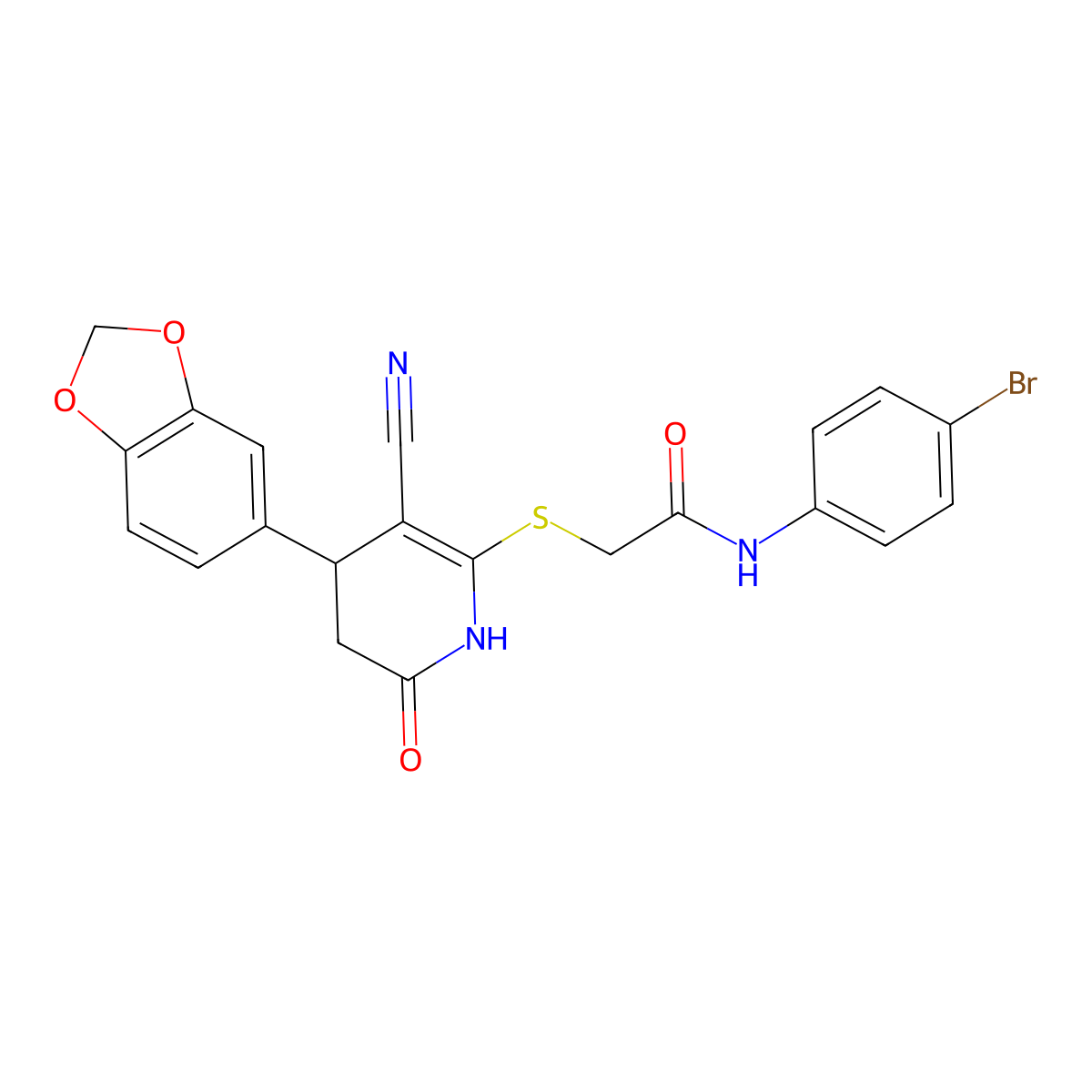 2-((4-(benzo[d][1,3]dioxol-5-yl)-3-cyano-6-oxo-1,4,5,6-tetrahydropyridin-2-yl)thio)-N-(4-bromophenyl)acetamide molecular structure, CAS 384358-58-1