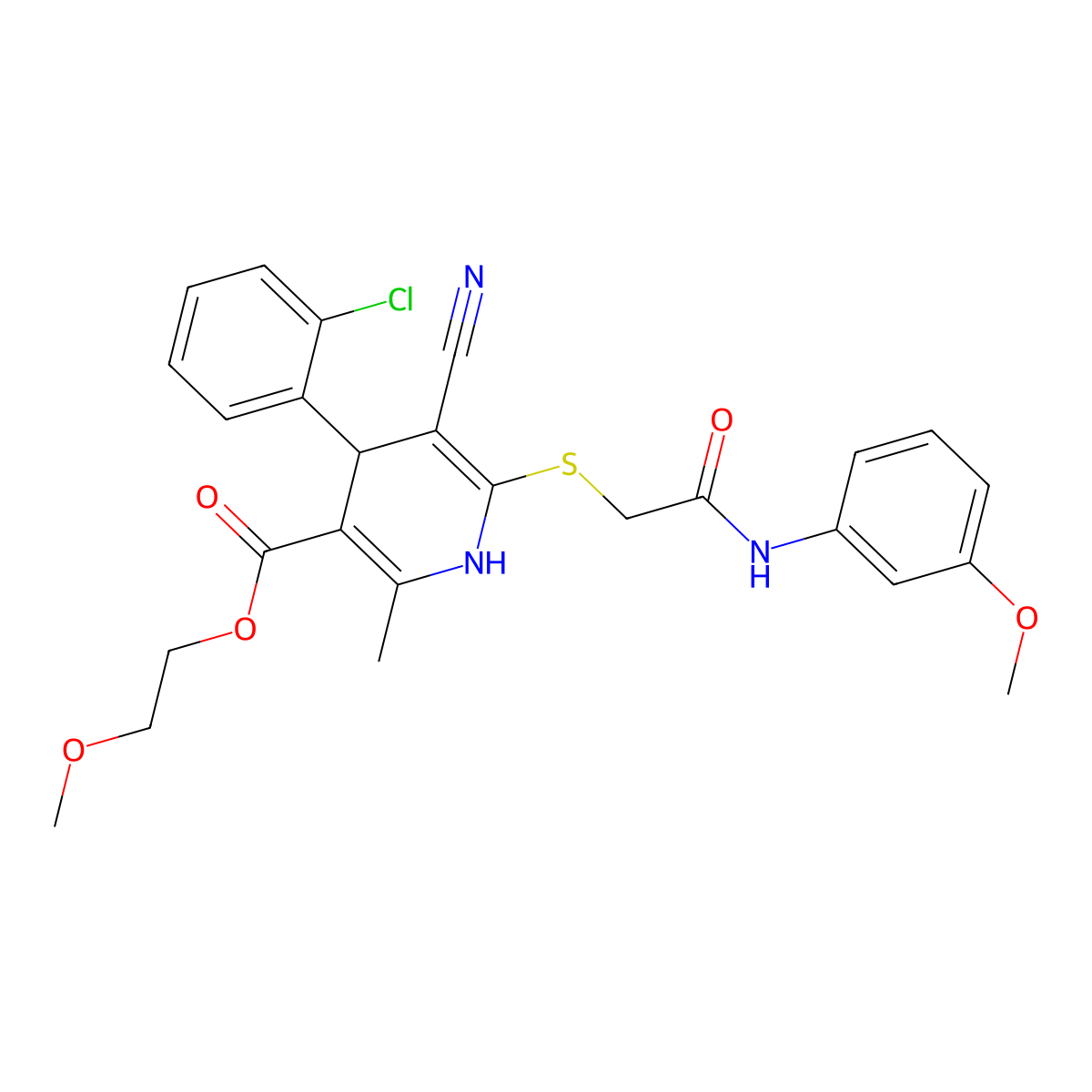 2-Methoxyethyl 4-(2-chlorophenyl)-5-cyano-6-((2-((3-methoxyphenyl)amino)-2-oxoethyl)thio)-2-methyl-1,4-dihydropyridine-3-carboxylate molecular structure, CAS 384358-86-5