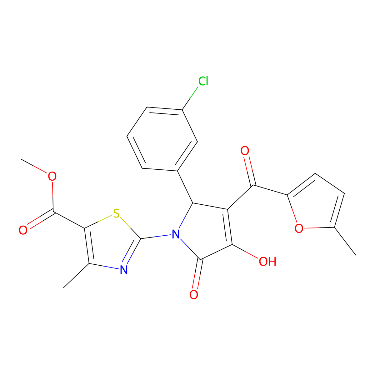 methyl 2-{(3E)-2-(3-chlorophenyl)-3-[hydroxy(5-methylfuran-2-yl)methylidene]-4,5-dioxopyrrolidin-1-yl}-4-methyl-1,3-thiazole-5-carboxylate molecular structure, CAS 384359-60-8