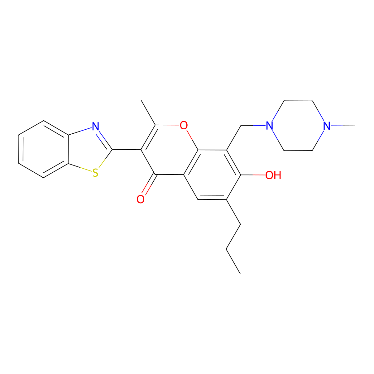 3-(1,3-Benzothiazol-2-yl)-7-hydroxy-2-methyl-8-[(4-methylpiperazin-1-yl)methyl]-6-propylchromen-4-one molecular structure, CAS 384360-59-2