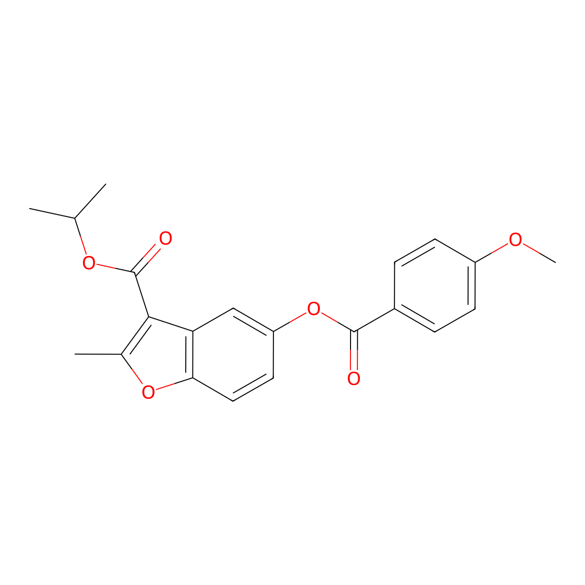 Isopropyl 5-((4-methoxybenzoyl)oxy)-2-methylbenzofuran-3-carboxylate molecular structure, CAS 384361-55-1