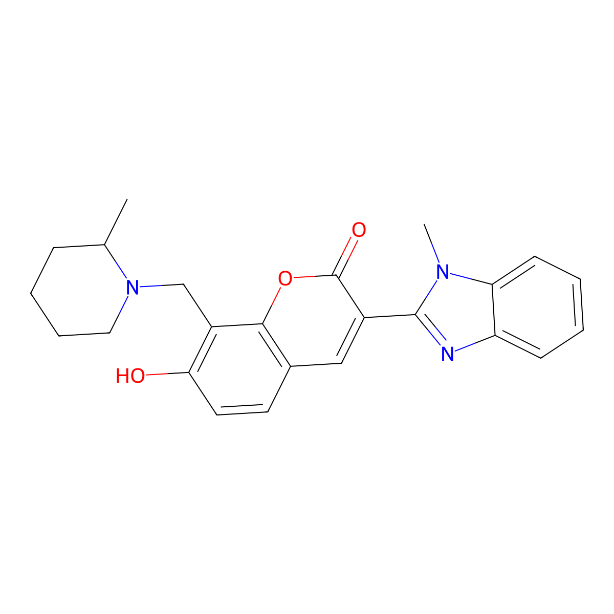 7-hydroxy-3-(1-methyl-1H-benzimidazol-2-yl)-8-[(2-methylpiperidin-1-yl)methyl]-2H-chromen-2-one molecular structure, CAS 384361-65-3
