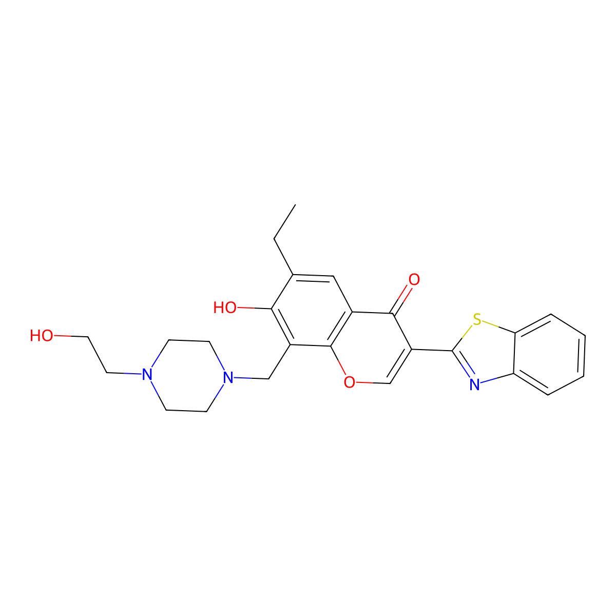 3-(1,3-Benzothiazol-2-yl)-6-ethyl-7-hydroxy-8-[[4-(2-hydroxyethyl)piperazin-1-yl]methyl]chromen-4-one molecular structure, CAS 384361-82-4