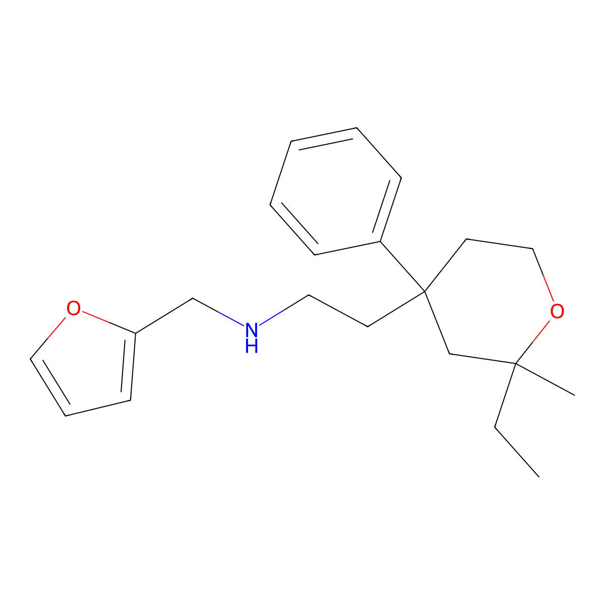 2-(2-ethyl-2-methyl-4-phenyltetrahydro-2H-pyran-4-yl)-N-(furan-2-ylmethyl)ethanamine molecular structure, CAS 384362-12-3