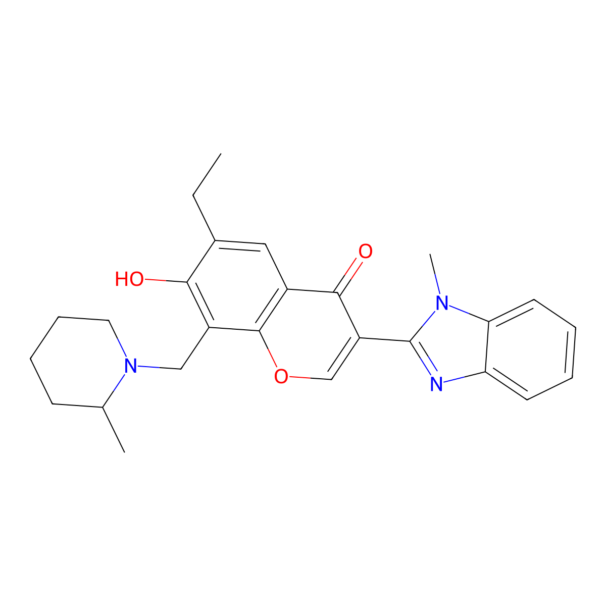 6-Ethyl-7-hydroxy-3-(1-methylbenzimidazol-2-yl)-8-[(2-methylpiperidin-1-yl)methyl]chromen-4-one molecular structure, CAS 384363-46-6