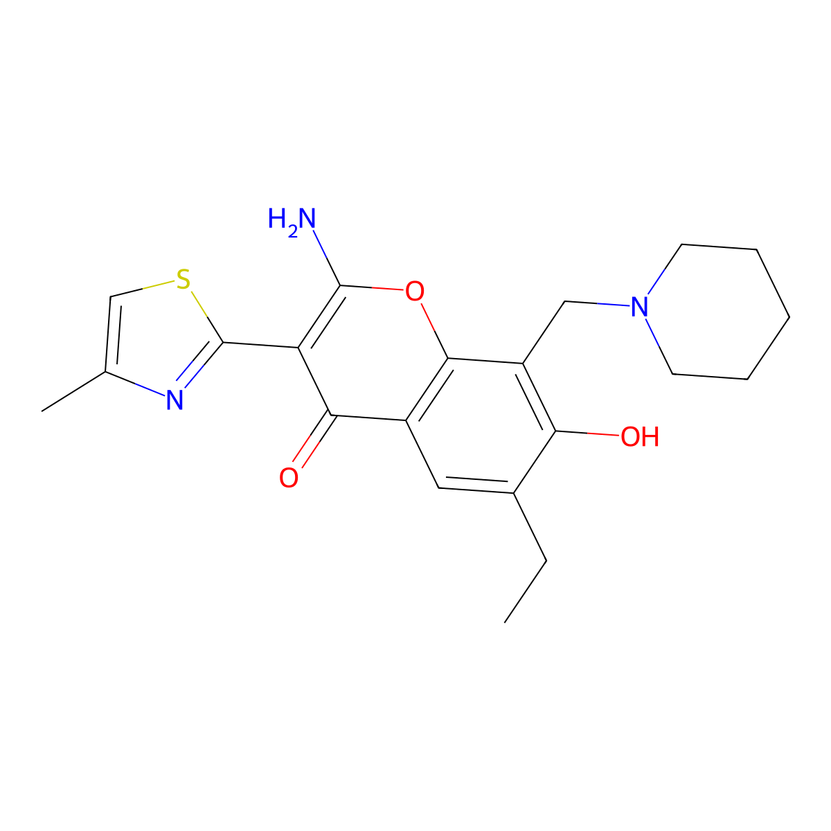 2-amino-6-ethyl-7-hydroxy-3-(4-methylthiazol-2-yl)-8-(piperidin-1-ylmethyl)-4H-chromen-4-one molecular structure, CAS 384363-57-9