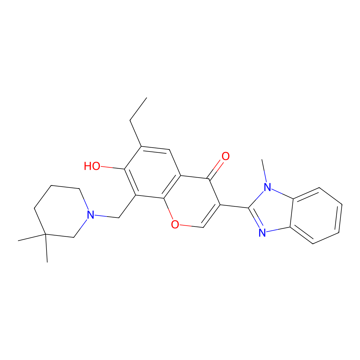 8-((3,3-dimethylpiperidin-1-yl)methyl)-6-ethyl-7-hydroxy-3-(1-methyl-1H-benzo[d]imidazol-2-yl)-4H-chromen-4-one molecular structure, CAS 384363-61-5