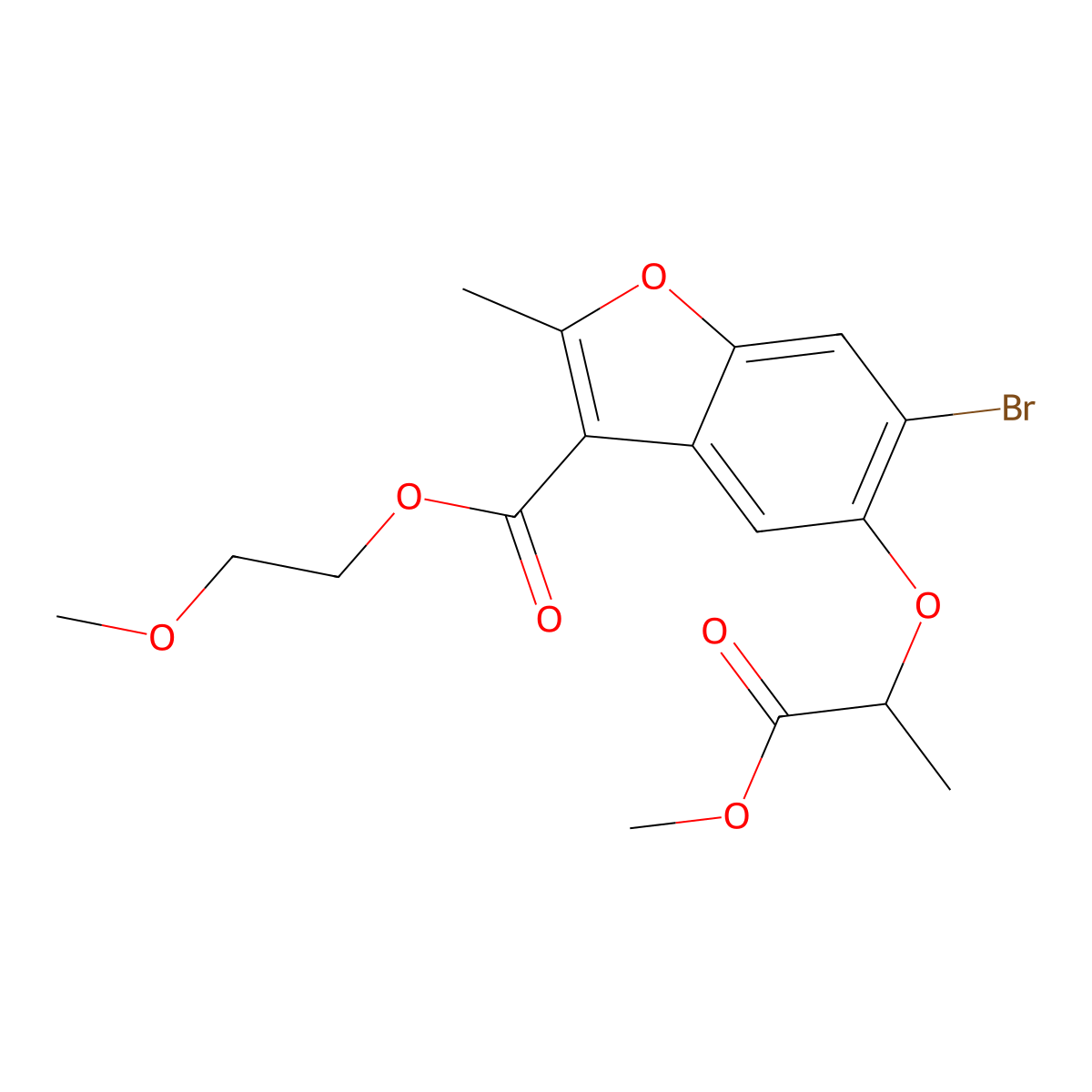 2-Methoxyethyl 6-bromo-5-((1-methoxy-1-oxopropan-2-yl)oxy)-2-methylbenzofuran-3-carboxylate molecular structure, CAS 384363-92-2
