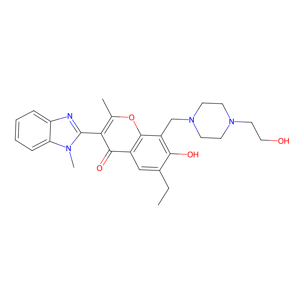 6-ethyl-7-hydroxy-8-((4-(2-hydroxyethyl)piperazin-1-yl)methyl)-2-methyl-3-(1-methyl-1H-benzo[d]imidazol-2-yl)-4H-chromen-4-one molecular structure, CAS 384364-23-2
