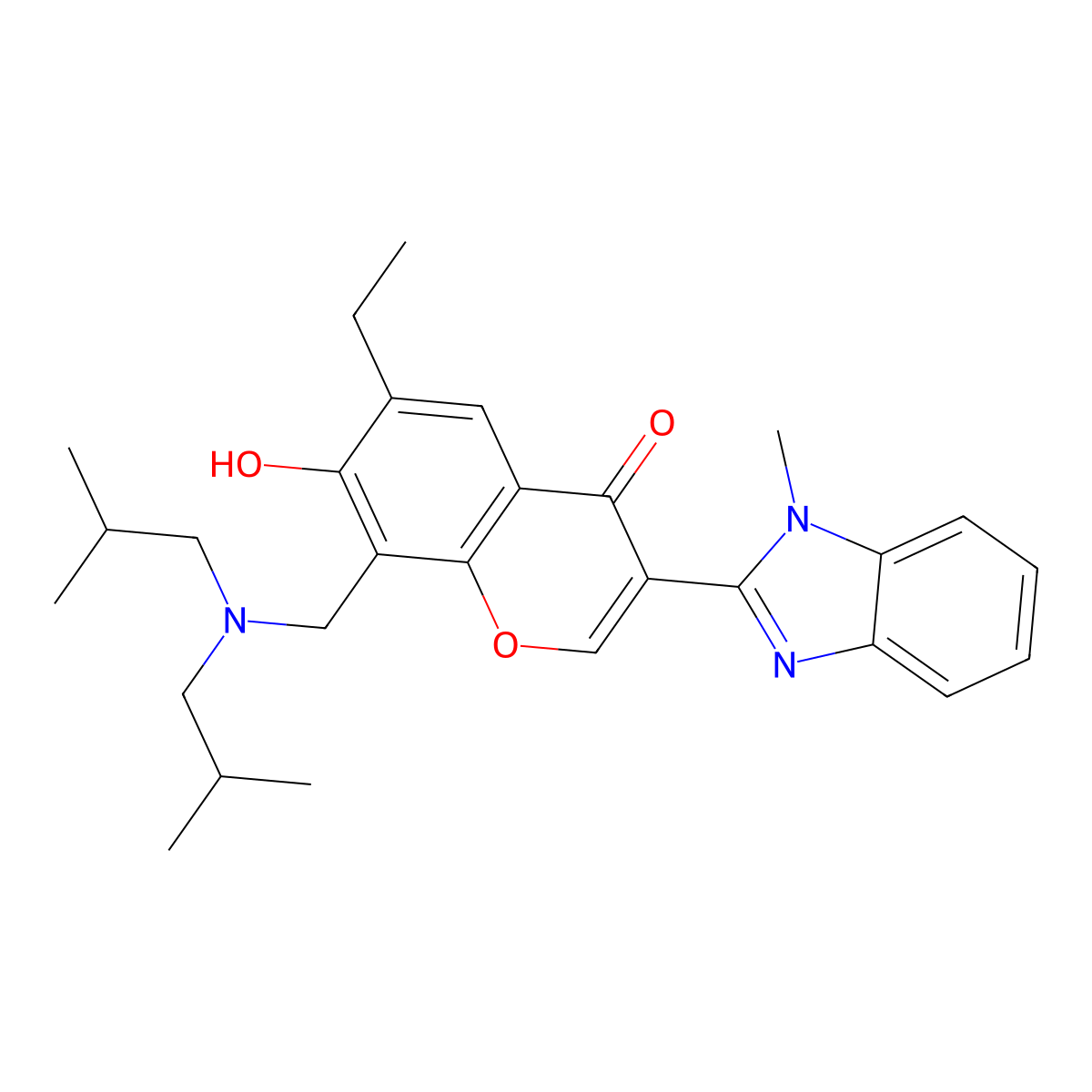 8-[[Bis(2-methylpropyl)azaniumyl]methyl]-6-ethyl-3-(1-methylbenzimidazol-2-yl)-4-oxochromen-7-olate molecular structure, CAS 384364-30-1
