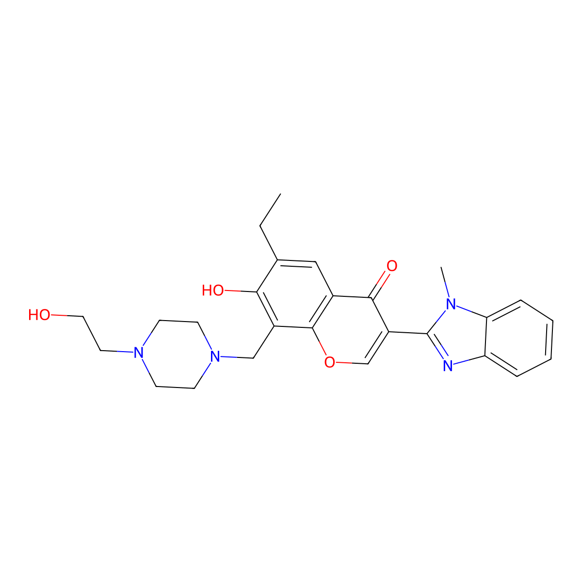6-Ethyl-8-[[4-(2-hydroxyethyl)piperazin-1-ium-1-yl]methyl]-3-(1-methylbenzimidazol-2-yl)-4-oxochromen-7-olate molecular structure, CAS 384364-31-2