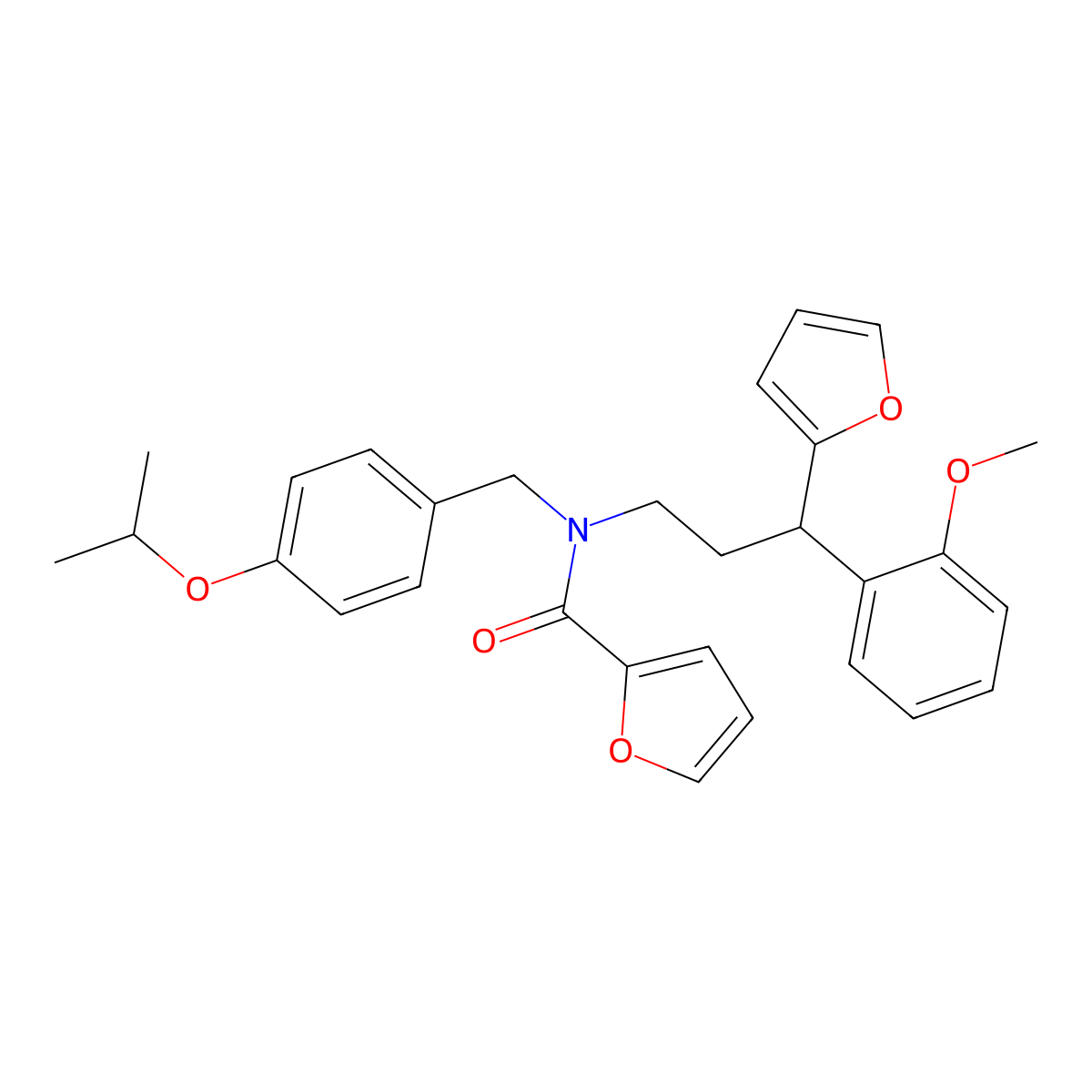 N-[3-(furan-2-yl)-3-(2-methoxyphenyl)propyl]-N-[(4-propan-2-yloxyphenyl)methyl]furan-2-carboxamide molecular structure, CAS 384364-35-6
