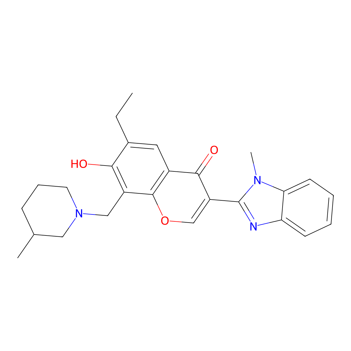 6-ethyl-7-hydroxy-3-(1-methyl-1H-benzo[d]imidazol-2-yl)-8-((3-methylpiperidin-1-yl)methyl)-4H-chromen-4-one molecular structure, CAS 384364-97-0