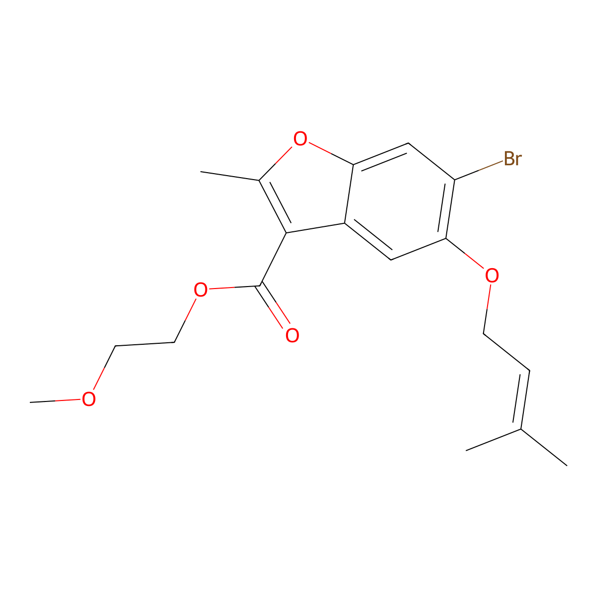 2-Methoxyethyl 6-bromo-2-methyl-5-((3-methylbut-2-en-1-yl)oxy)benzofuran-3-carboxylate molecular structure, CAS 384365-17-7