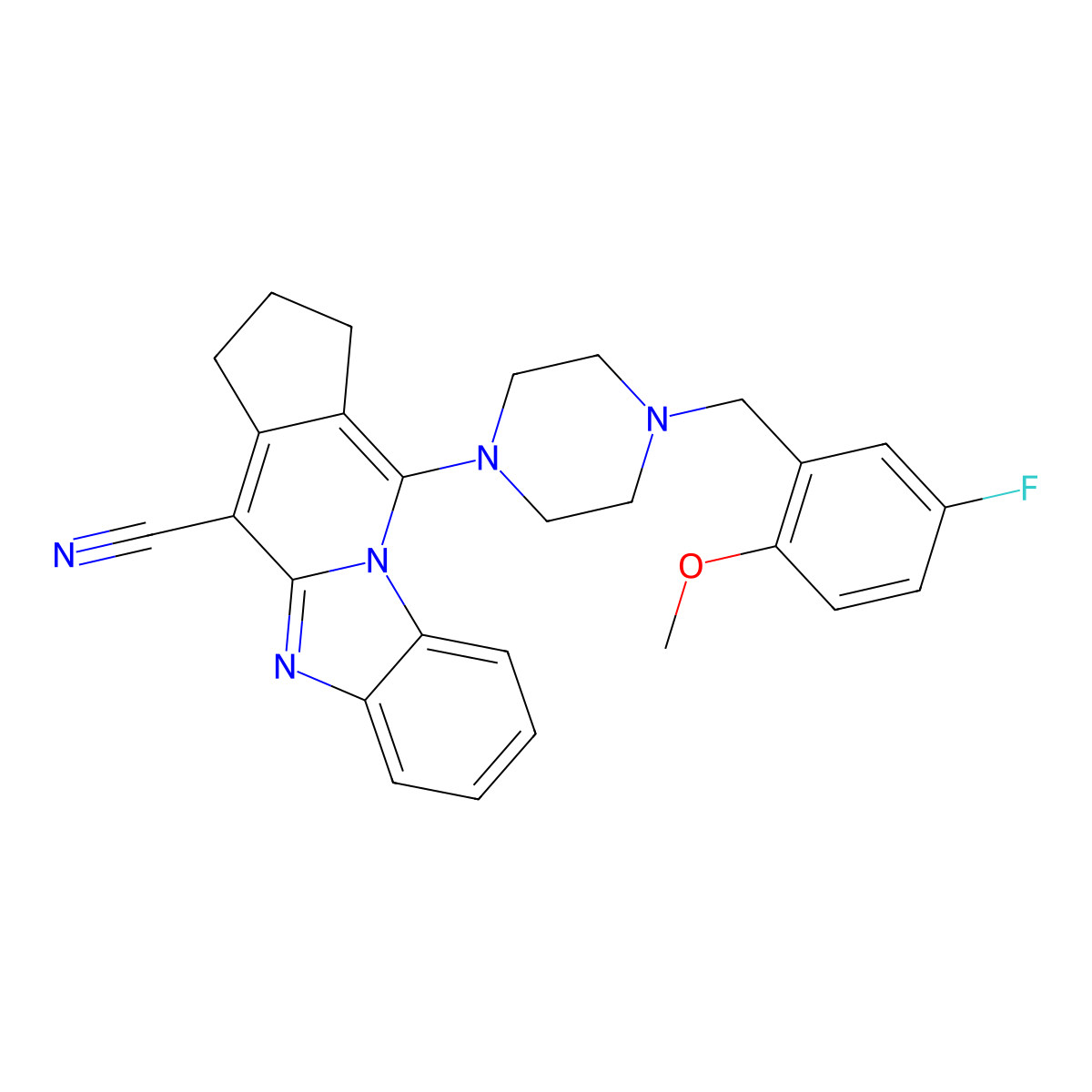 11-(4-(5-fluoro-2-methoxybenzyl)piperazin-1-yl)-2,3-dihydro-1H-benzo[4,5]imidazo[1,2-a]cyclopenta[d]pyridine-4-carbonitrile molecular structure, CAS 384365-79-1