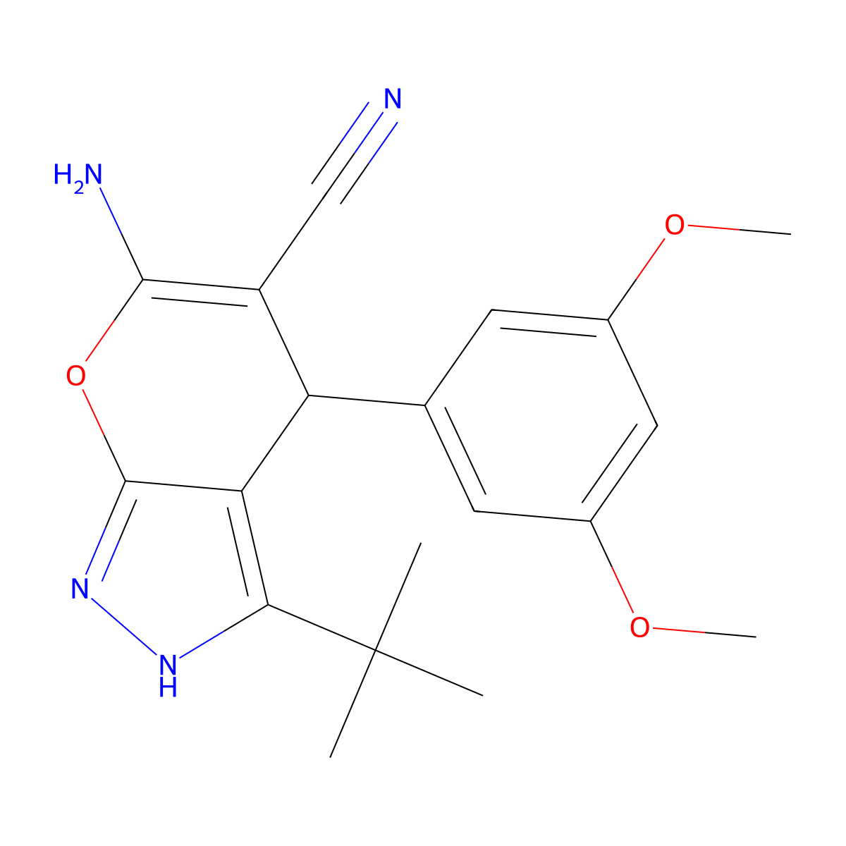 6-Amino-3-tert-butyl-4-(3,5-dimethoxyphenyl)-1,4-dihydropyrano[2,3-c]pyrazole-5-carbonitrile molecular structure, CAS 384366-66-9