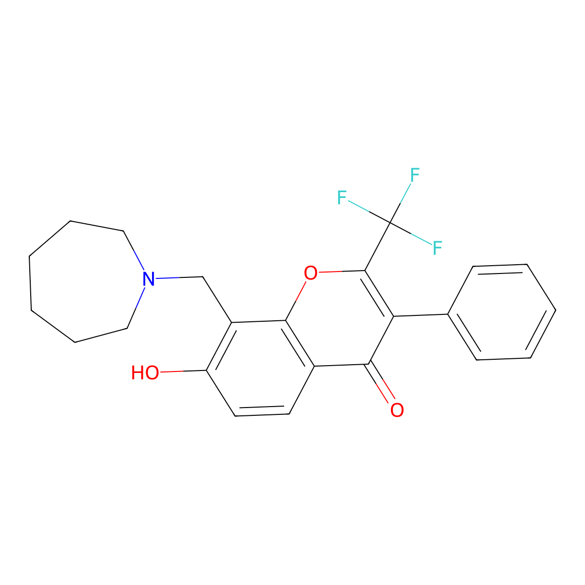 8-(azepan-1-ylmethyl)-7-hydroxy-3-phenyl-2-(trifluoromethyl)-4H-chromen-4-one molecular structure, CAS 384366-75-0