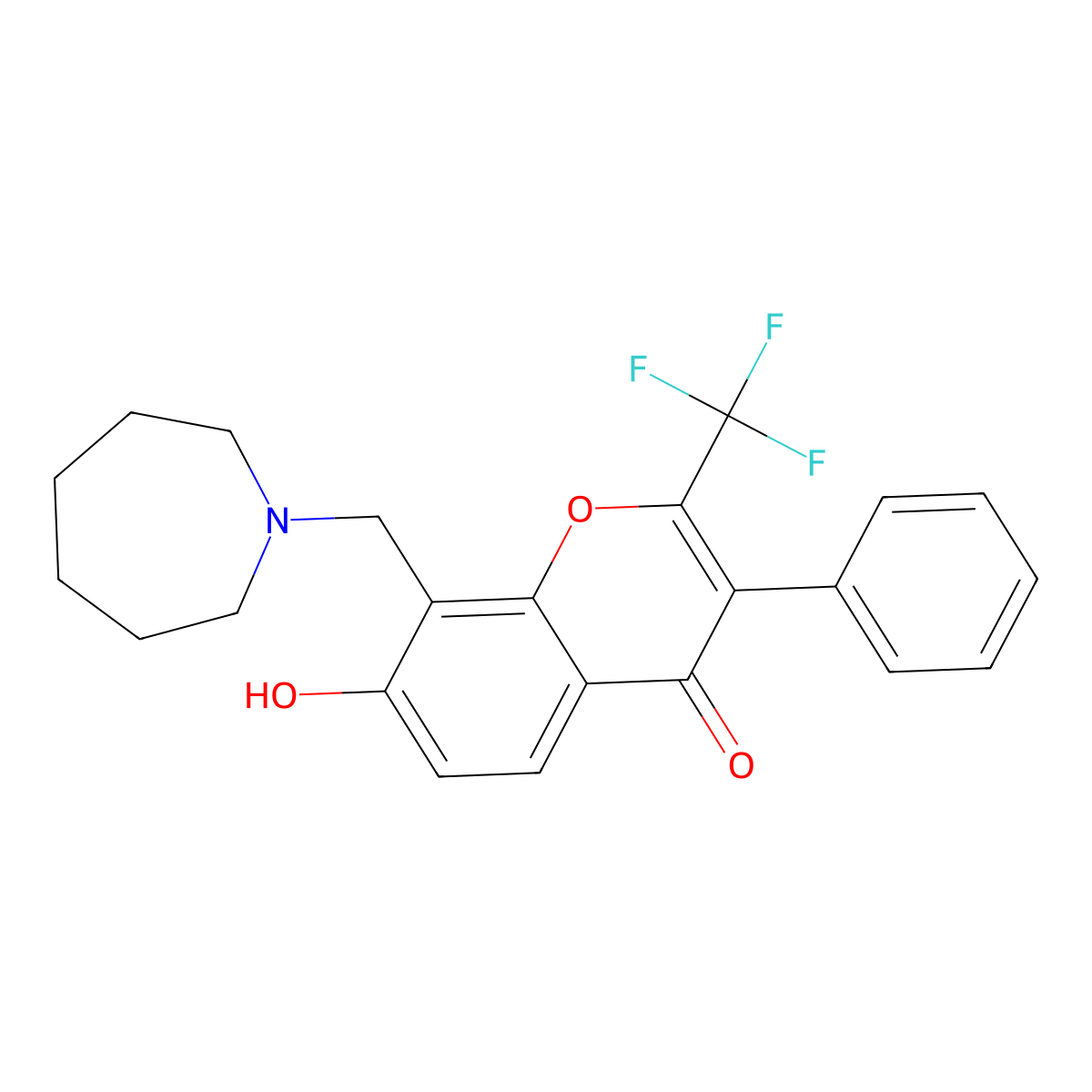 8-(azepan-1-ylmethyl)-7-hydroxy-3-phenyl-2-(trifluoromethyl)-4H-chromen-4-one molecular structure, CAS 384366-75-0