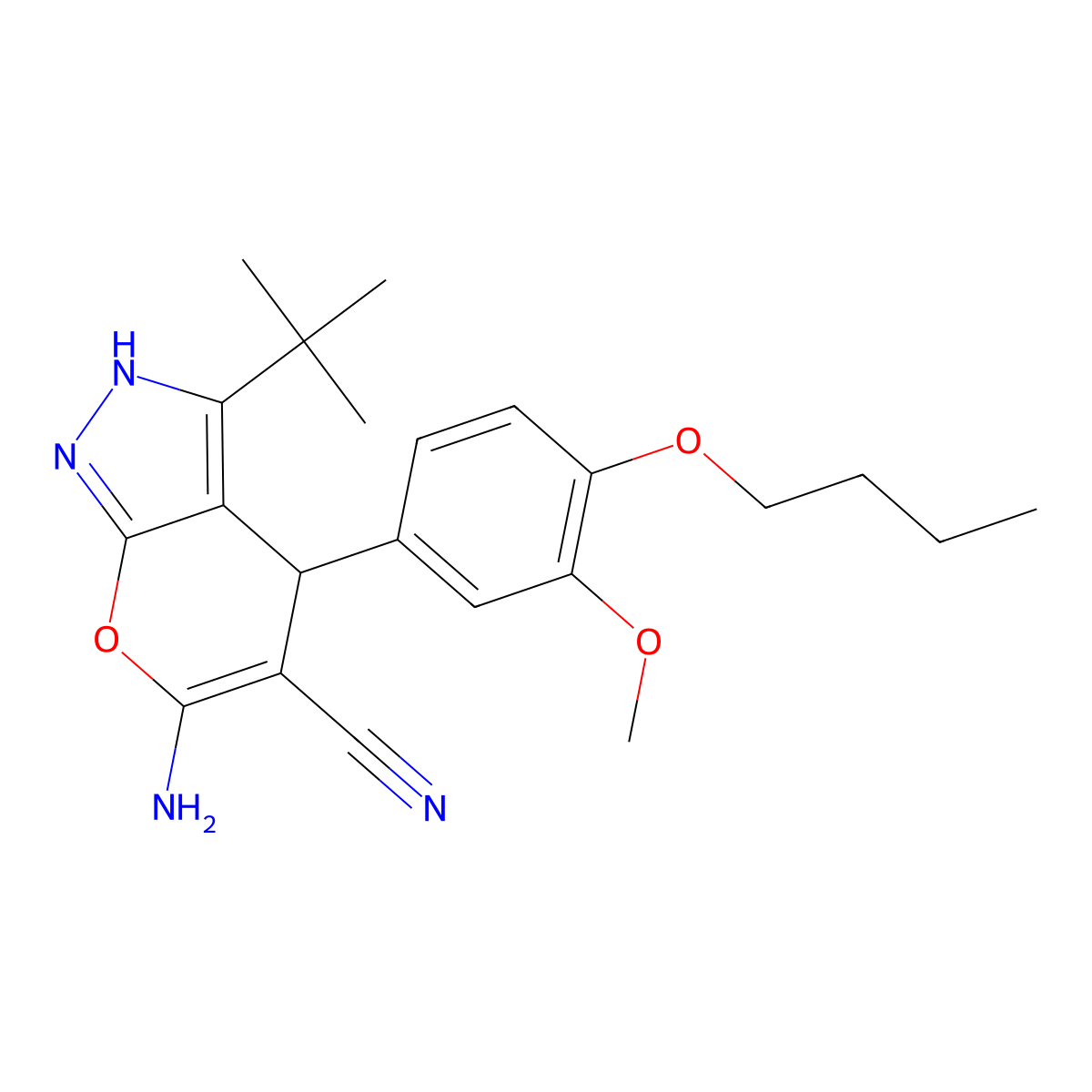 6-Amino-4-(4-butoxy-3-methoxyphenyl)-3-tert-butyl-2,4-dihydropyrano[2,3-c]pyrazole-5-carbonitrile molecular structure, CAS 384367-07-1