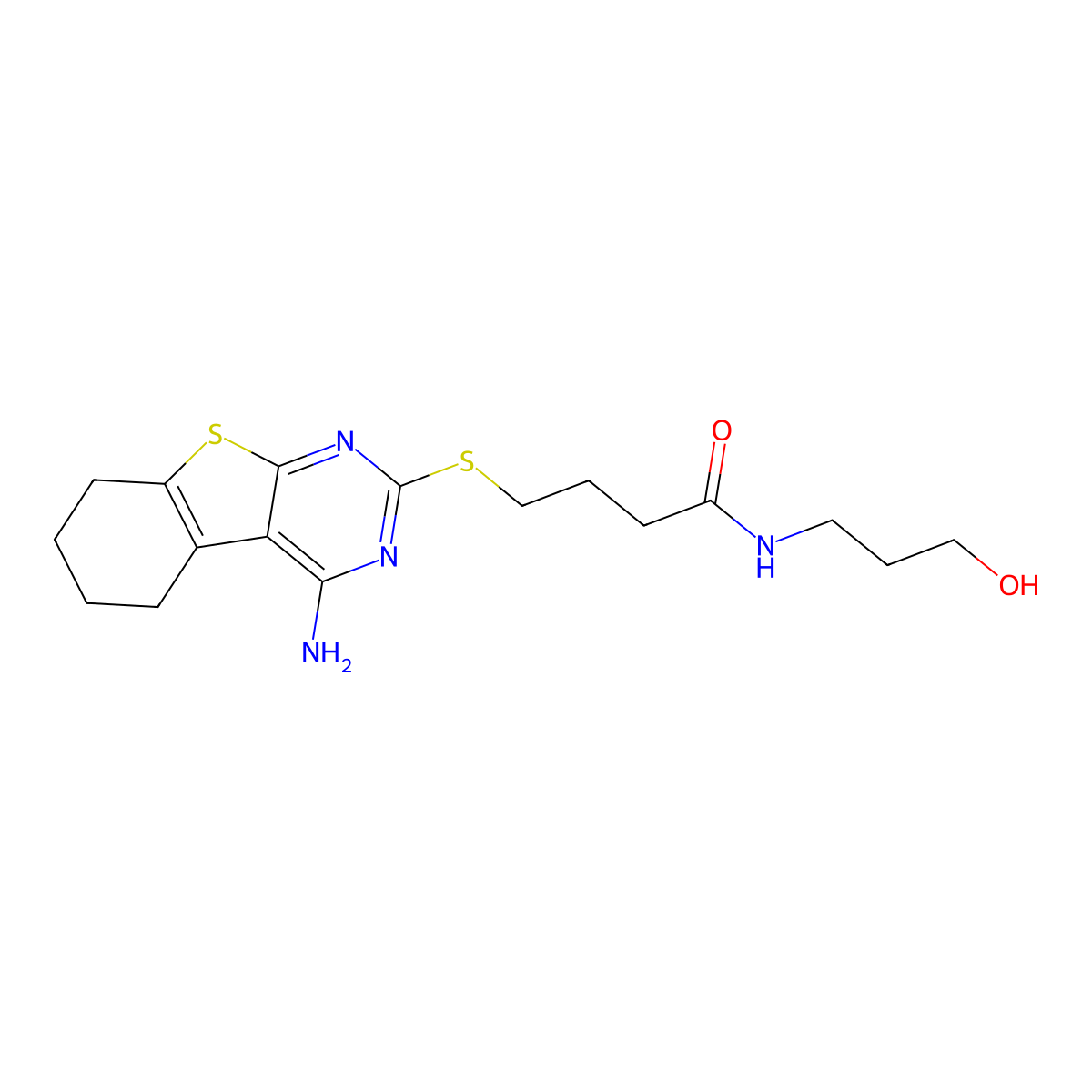 4-[(4-amino-5,6,7,8-tetrahydro-[1]benzothiolo[2,3-d]pyrimidin-2-yl)sulfanyl]-N-(3-hydroxypropyl)butanamide molecular structure, CAS 384367-22-0