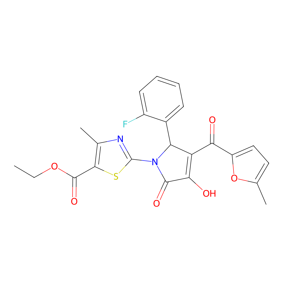 ethyl 2-{(3E)-2-(2-fluorophenyl)-3-[hydroxy(5-methylfuran-2-yl)methylidene]-4,5-dioxopyrrolidin-1-yl}-4-methyl-1,3-thiazole-5-carboxylate molecular structure, CAS 384367-27-5