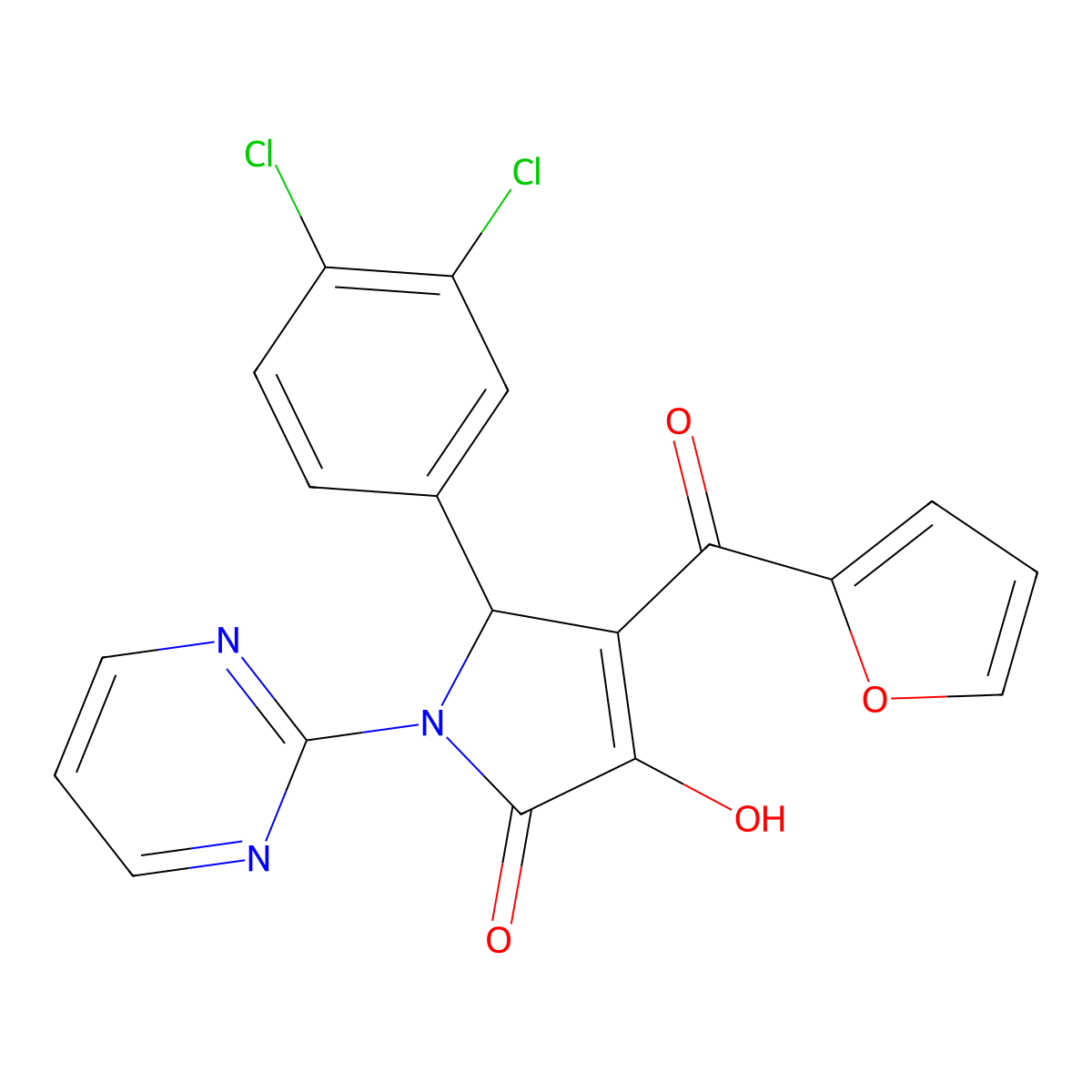 (4E)-5-(3,4-dichlorophenyl)-4-[furan-2-yl(hydroxy)methylidene]-1-(pyrimidin-2-yl)pyrrolidine-2,3-dione molecular structure, CAS 384367-34-4