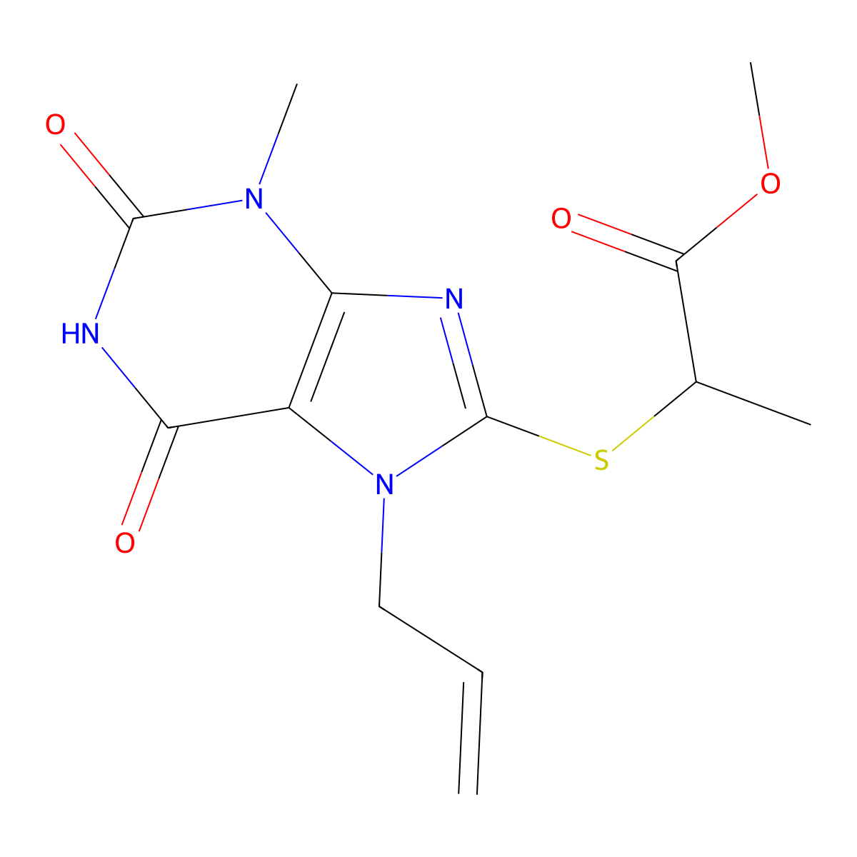 Methyl 2-(3-methyl-2,6-dioxo-7-prop-2-enylpurin-8-yl)sulfanylpropanoate molecular structure, CAS 384368-14-3