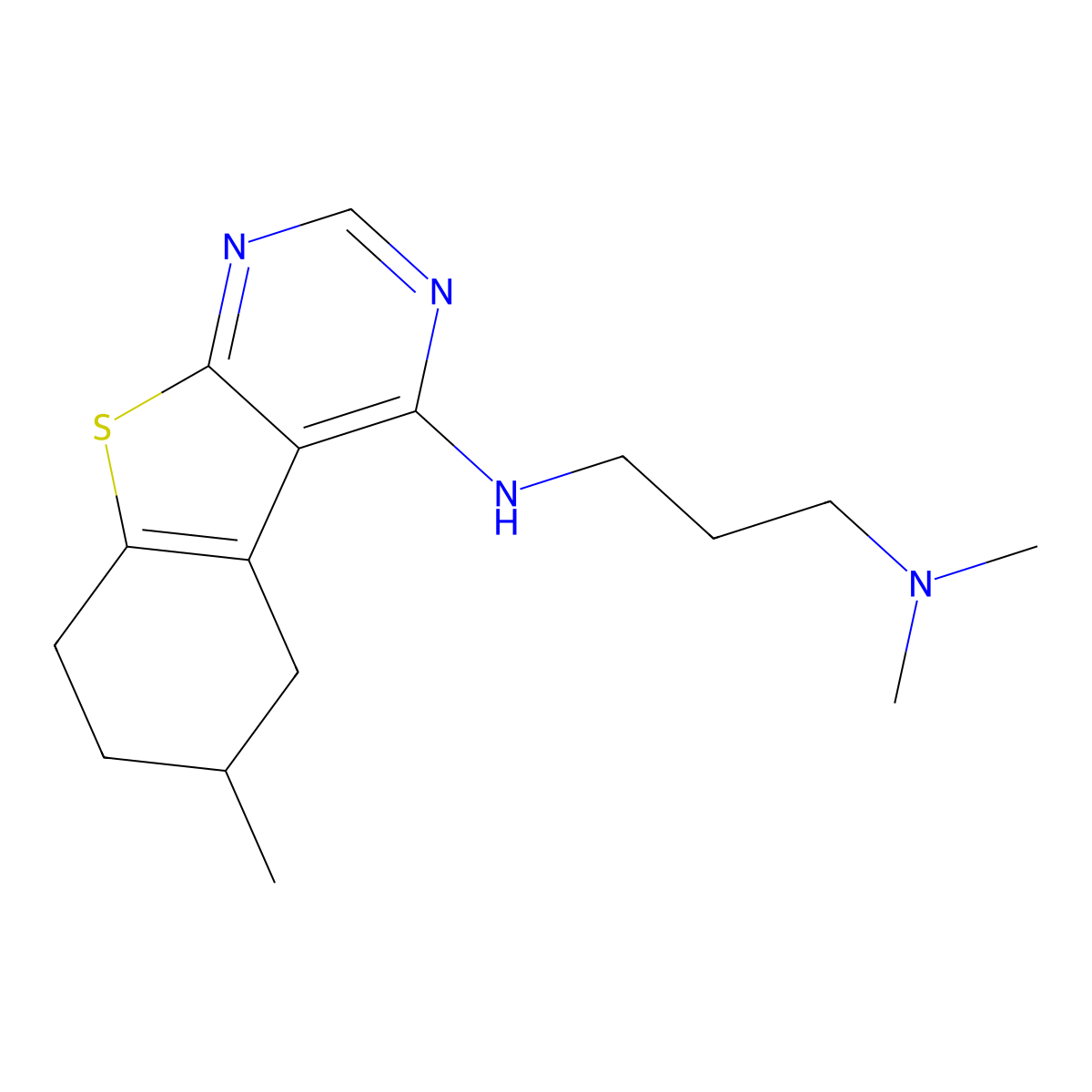 N',N'-dimethyl-N-(6-methyl-5,6,7,8-tetrahydro-[1]benzothiolo[2,3-d]pyrimidin-4-yl)propane-1,3-diamine molecular structure, CAS 384368-30-3