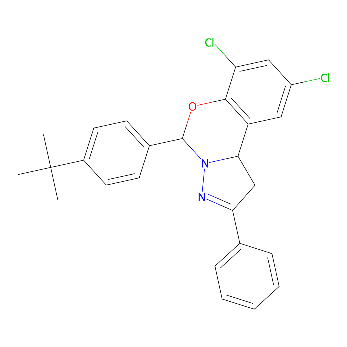 5-(4-Tert-butylphenyl)-7,9-dichloro-2-phenyl-1,10b-dihydropyrazolo[1,5-c][1,3]benzoxazine molecular structure, CAS 384368-63-2