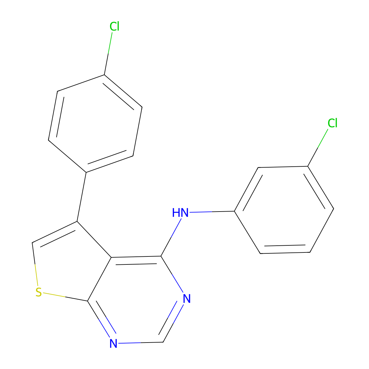 N-(3-chlorophenyl)-5-(4-chlorophenyl)thieno[2,3-d]pyrimidin-4-amine molecular structure, CAS 384368-67-6