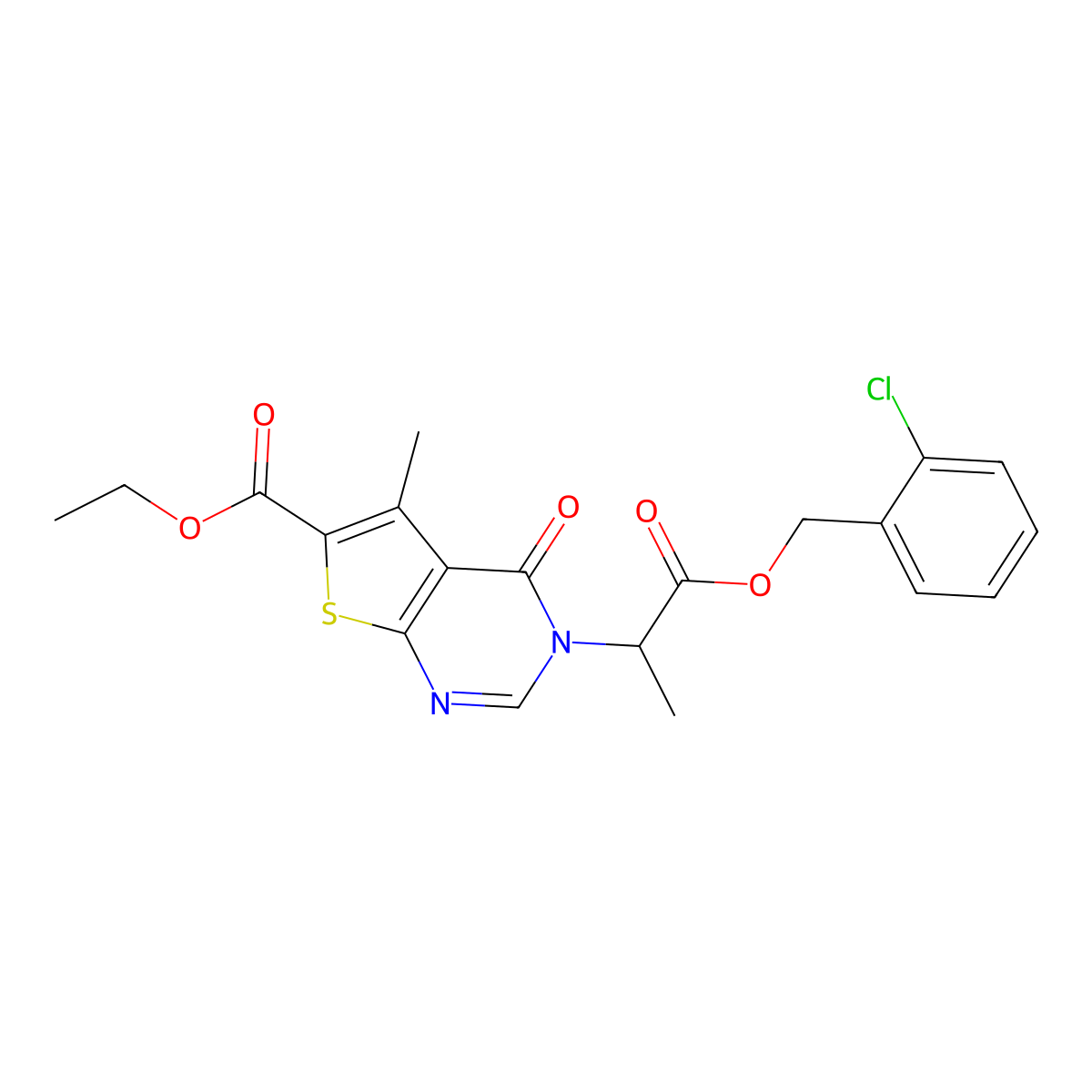 Ethyl 3-(1-((2-chlorobenzyl)oxy)-1-oxopropan-2-yl)-5-methyl-4-oxo-3,4-dihydrothieno[2,3-d]pyrimidine-6-carboxylate molecular structure, CAS 384368-89-2