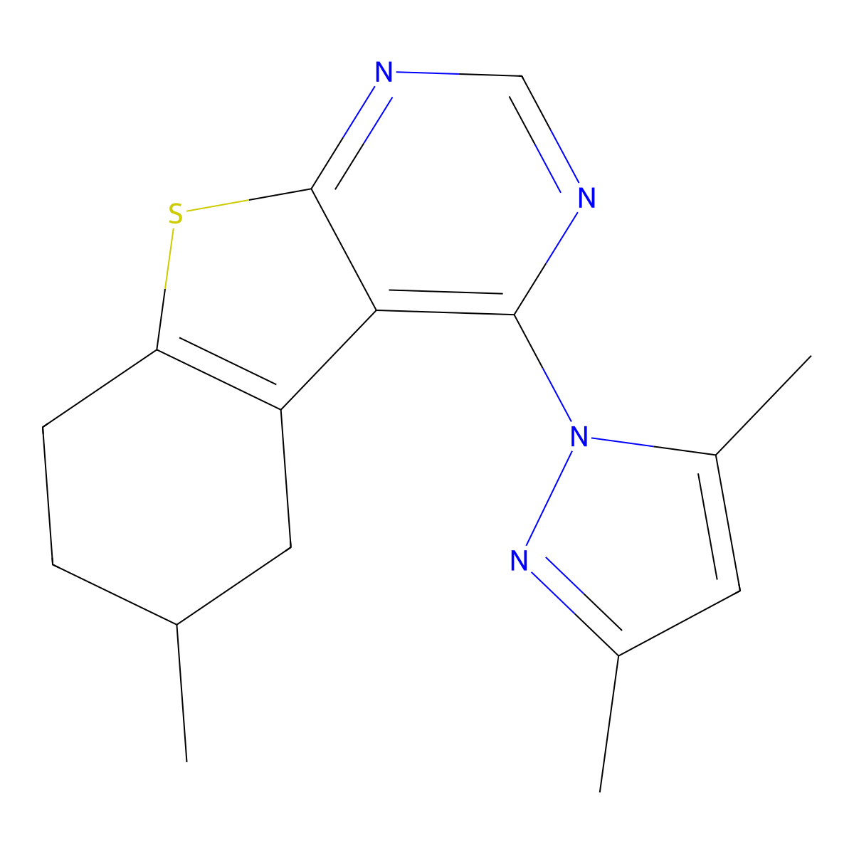 4-(3,5-dimethyl-1H-pyrazol-1-yl)-6-methyl-5,6,7,8-tetrahydro[1]benzothieno[2,3-d]pyrimidine molecular structure, CAS 384369-16-8
