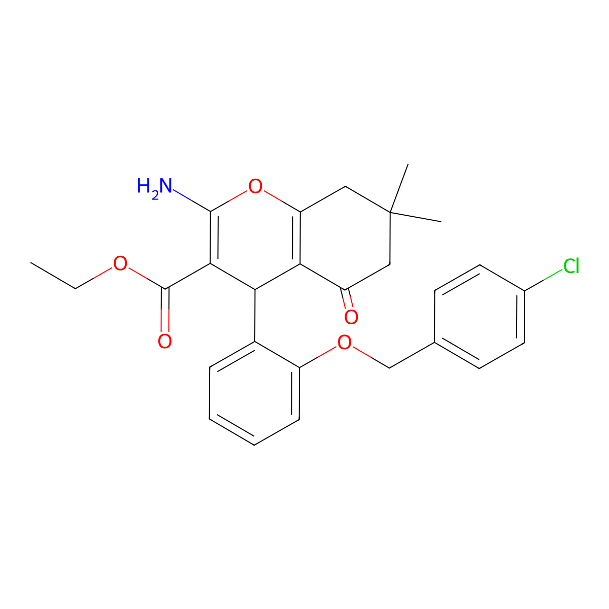 ethyl 2-amino-4-[2-[(4-chlorophenyl)methoxy]phenyl]-7,7-dimethyl-5-oxo-6,8-dihydro-4H-chromene-3-carboxylate molecular structure, CAS 384369-24-8