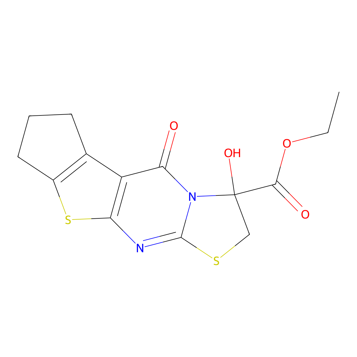 Ethyl 6-hydroxy-8-oxo-4,15-dithia-2,7-diazatetracyclo[7.6.0.0^{3,7}.0^{10,14}]pentadeca-1(9),2,10(14)-triene-6-carboxylate molecular structure, CAS 384369-27-1