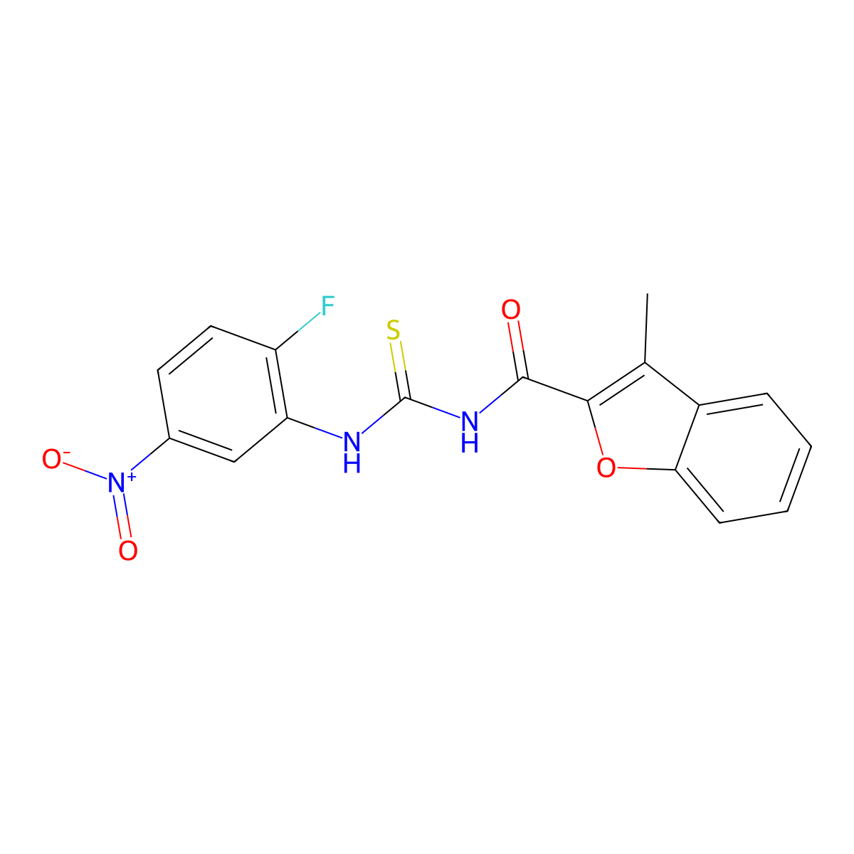 N-[(2-fluoro-5-nitrophenyl)carbamothioyl]-3-methyl-1-benzofuran-2-carboxamide molecular structure, CAS 384369-35-1