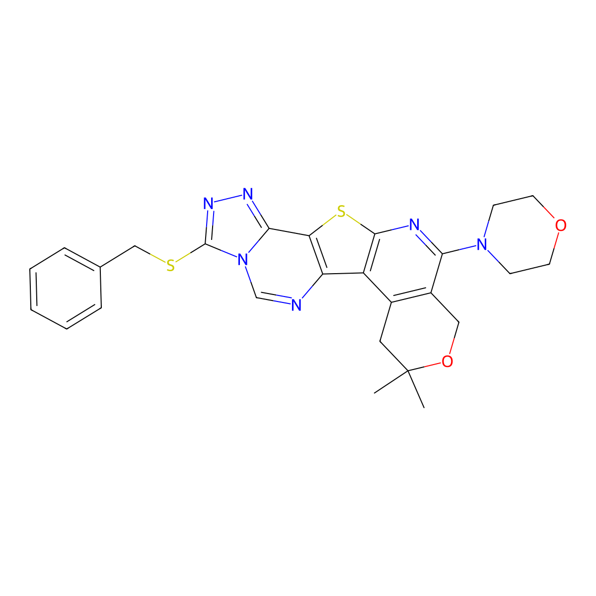 3-(benzylthio)-8,8-dimethyl-11-morpholino-8,10-dihydro-7H-pyrano[4'',3'':4',5']pyrido[3',2':4,5]thieno[2,3-e][1,2,4]triazolo[4,3-c]pyrimidine molecular structure, CAS 384369-65-7