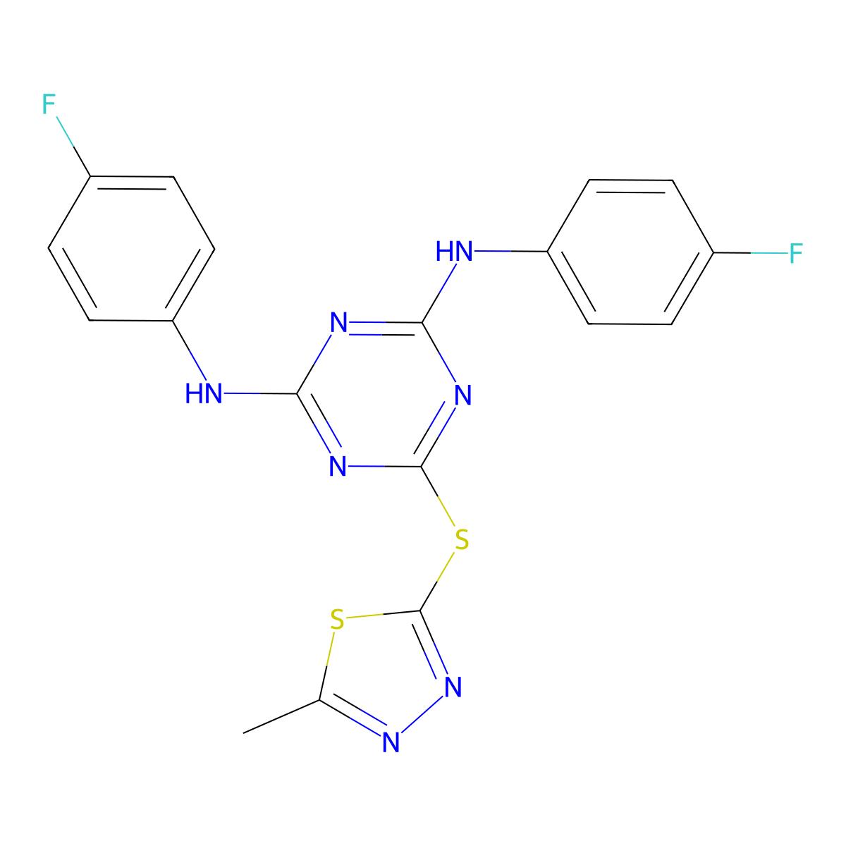 N,N'-bis(4-fluorophenyl)-6-[(5-methyl-1,3,4-thiadiazol-2-yl)sulfanyl]-1,3,5-triazine-2,4-diamine molecular structure, CAS 384369-84-0