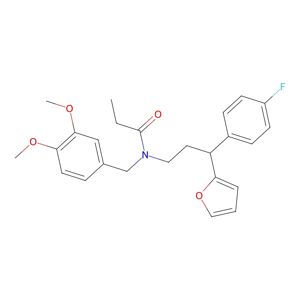 N-[(3,4-dimethoxyphenyl)methyl]-N-[3-(4-fluorophenyl)-3-(furan-2-yl)propyl]propanamide molecular structure, CAS 384370-15-4