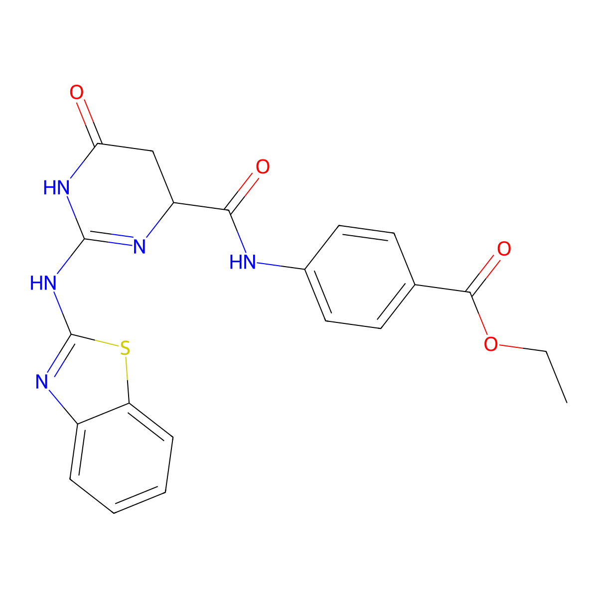 Ethyl 4-({[2-(1,3-benzothiazol-2-ylamino)-6-oxo-1,4,5,6-tetrahydropyrimidin-4-yl]carbonyl}amino)benzoate molecular structure, CAS 384371-03-3