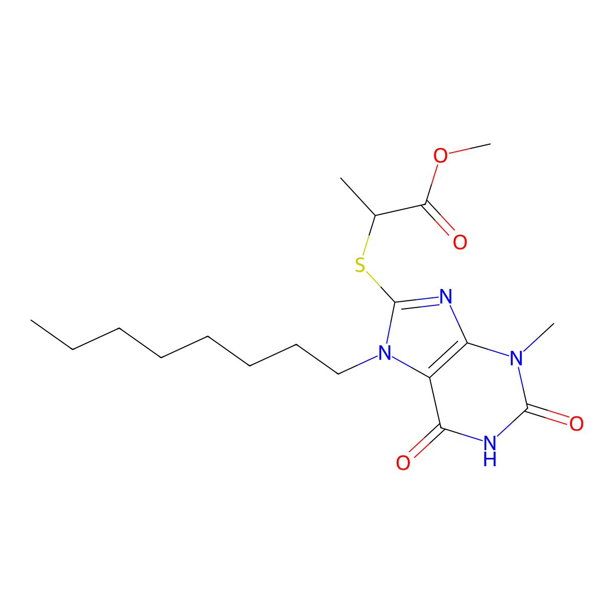 Methyl 2-(3-methyl-7-octyl-2,6-dioxopurin-8-yl)sulfanylpropanoate molecular structure, CAS 384372-75-2