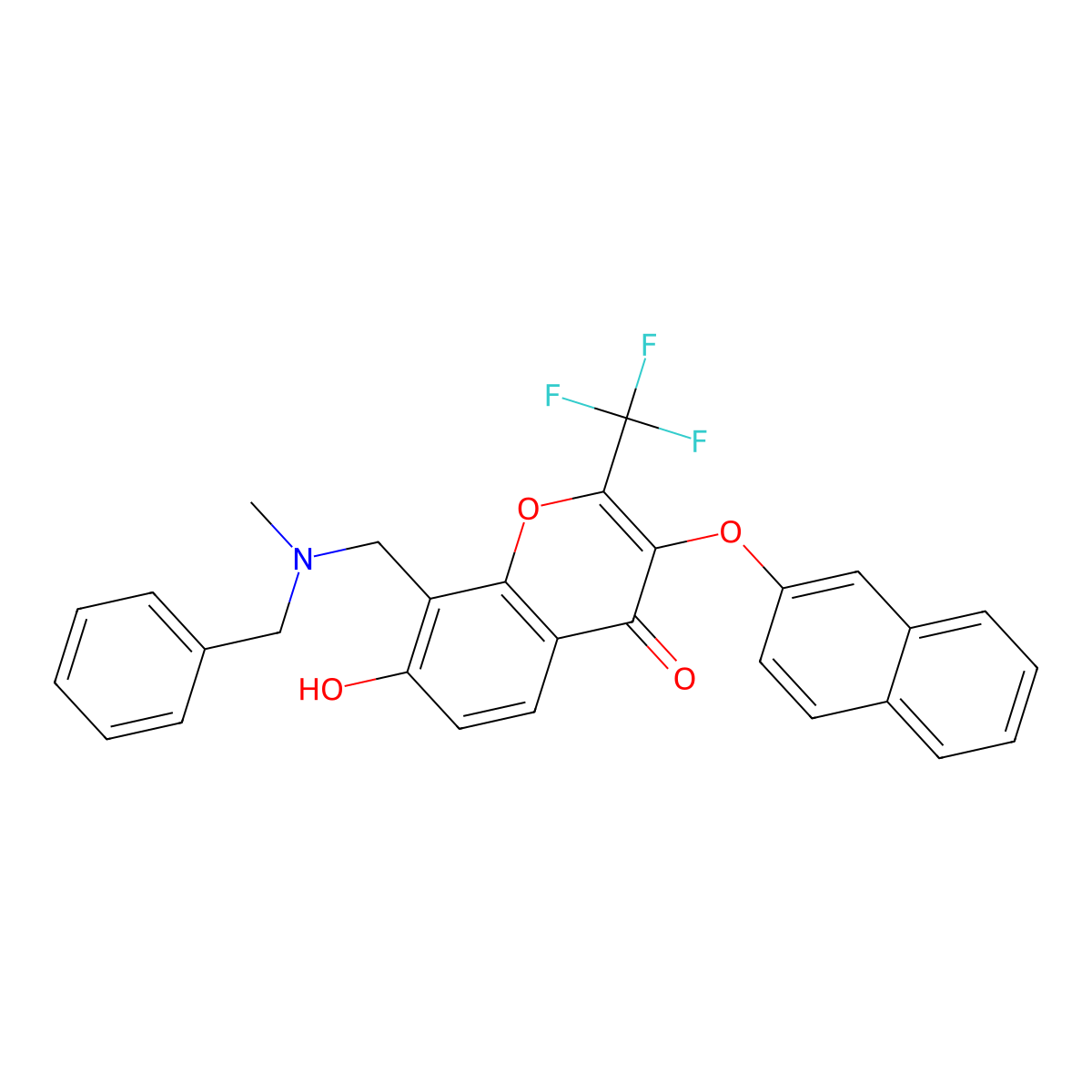 8-{[benzyl(methyl)amino]methyl}-7-hydroxy-3-(2-naphthyloxy)-2-(trifluoromethyl)-4H-chromen-4-one molecular structure, CAS 384373-22-2