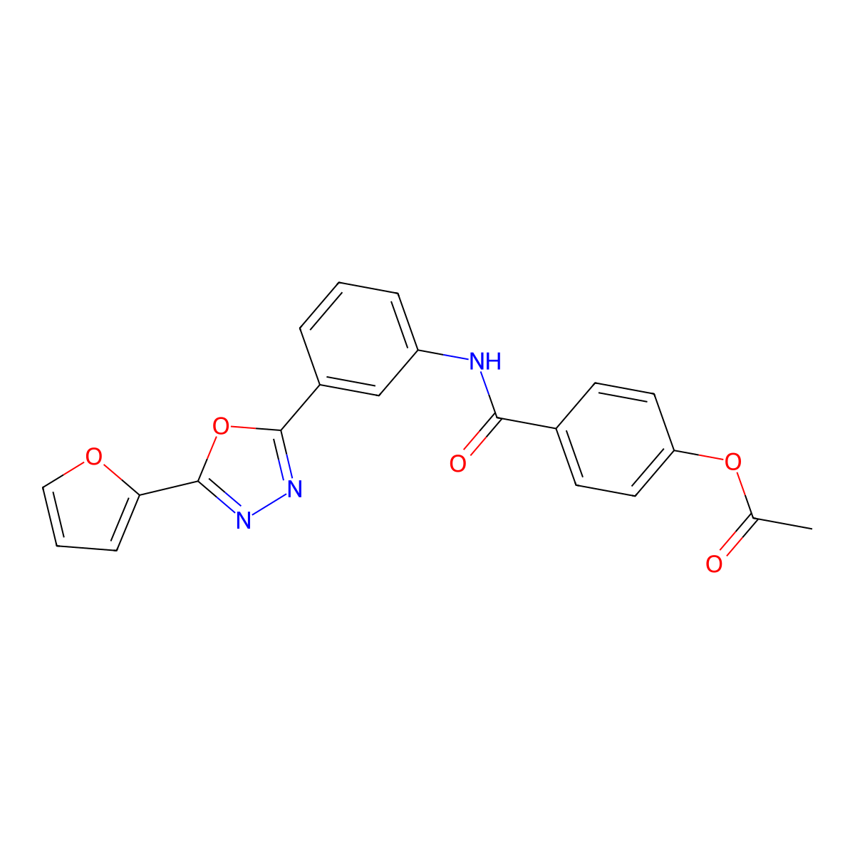 Acetic acid [4-[[3-[5-(2-furanyl)-1,3,4-oxadiazol-2-yl]anilino]-oxomethyl]phenyl] ester molecular structure, CAS 384373-37-9